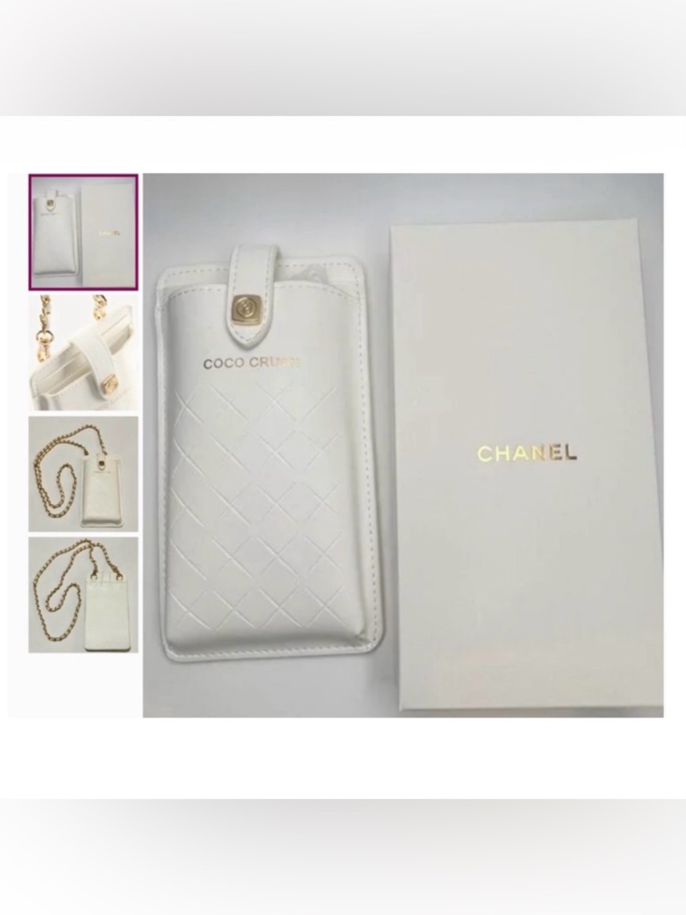 CHANEL White Quilted Coco Crush Phone Crossbody with Gold Chain